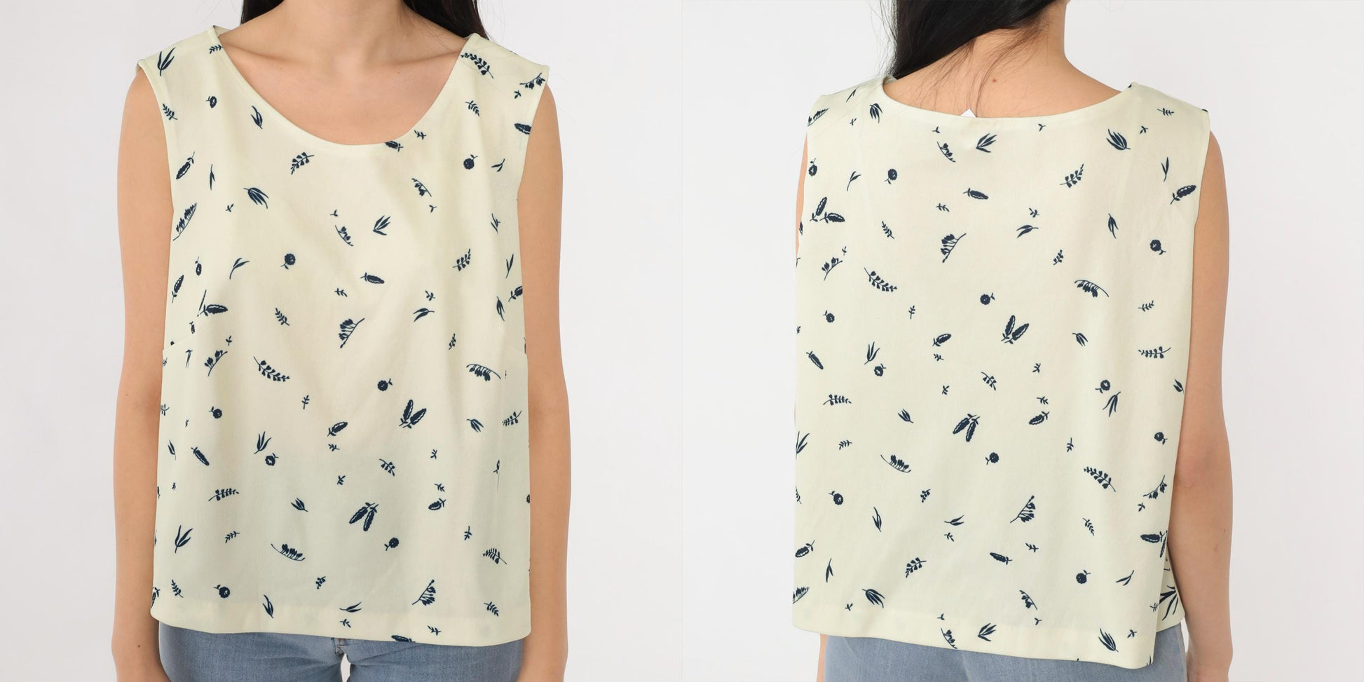 70s Cream Floral Tank Top Botanical Print Sleeveless Blouse Large L