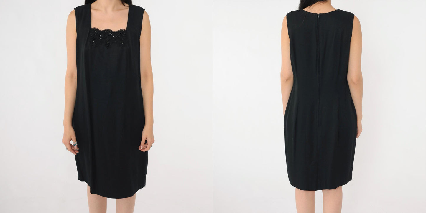 90s R & M Richards Black Sequin Beaded Lace Neckline Knee-Length Sheath Dress Large