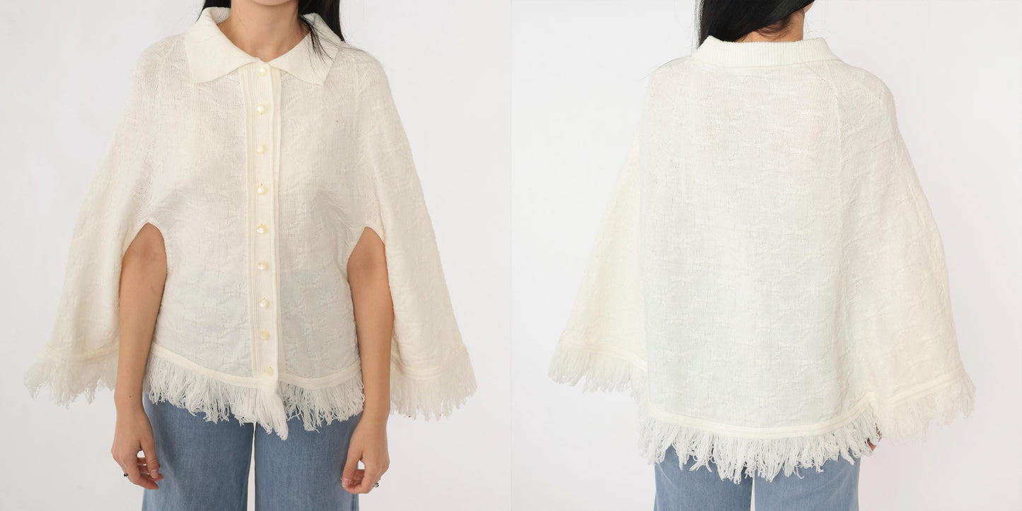 70s White Knit Poncho Button-Up Cape Fringe Trim One Size