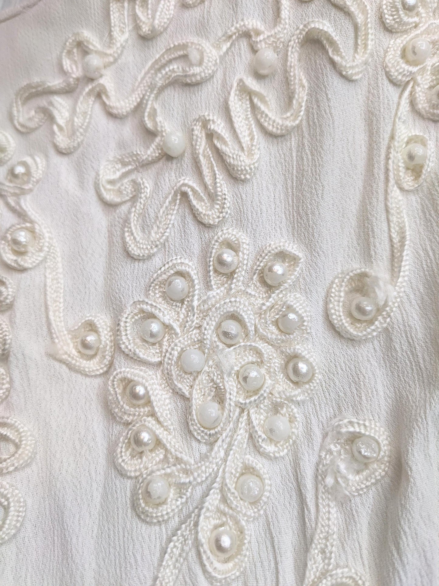 90s Sarin White Beaded Soutache Midi Dress Puff Sleeve Low Waist Small
