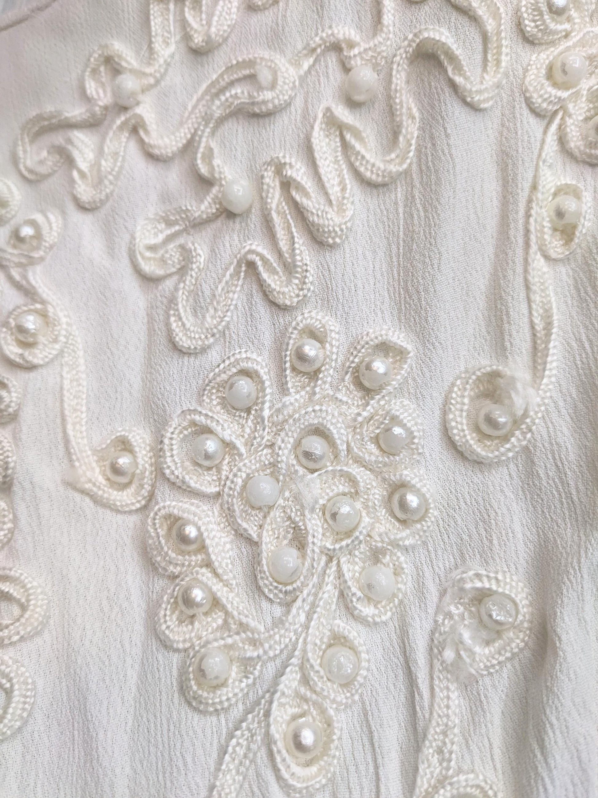 90s Sarin White Beaded Soutache Midi Dress Puff Sleeve Low Waist Small