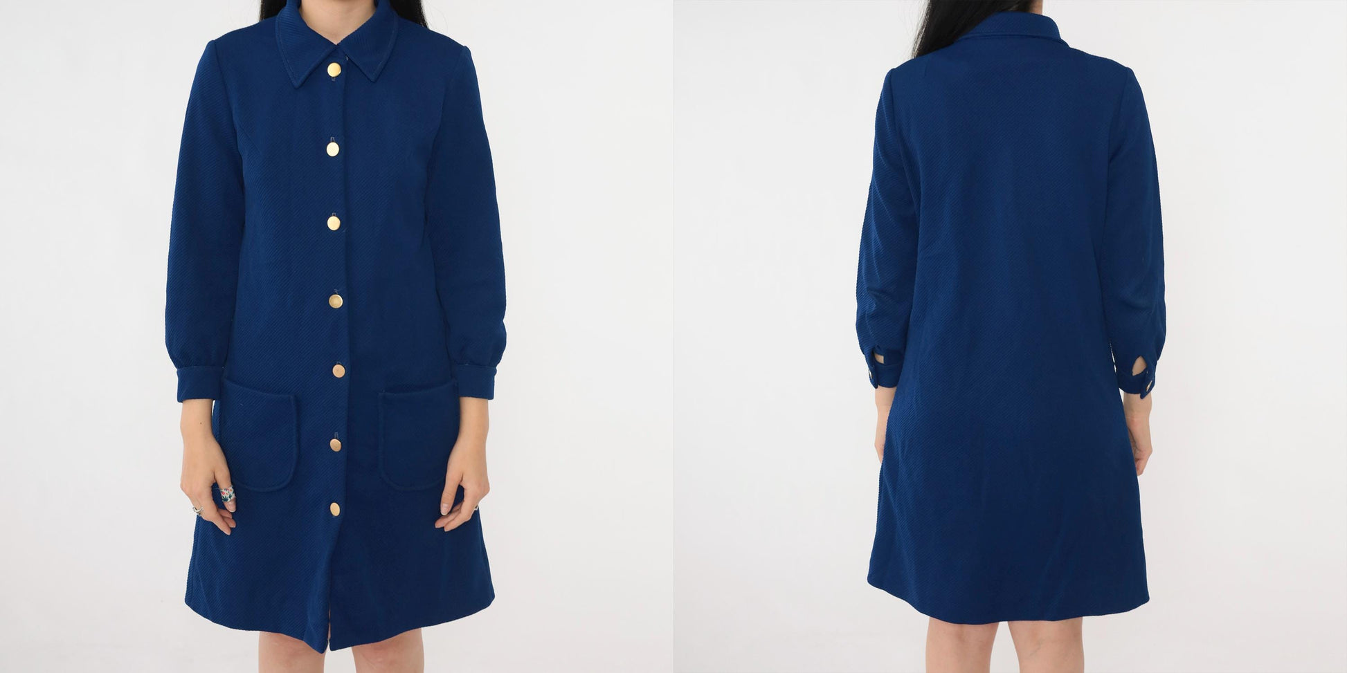 70s Mod Navy Mini Shift Dress Pointed Collar Long Sleeve Button Up Small Medium
