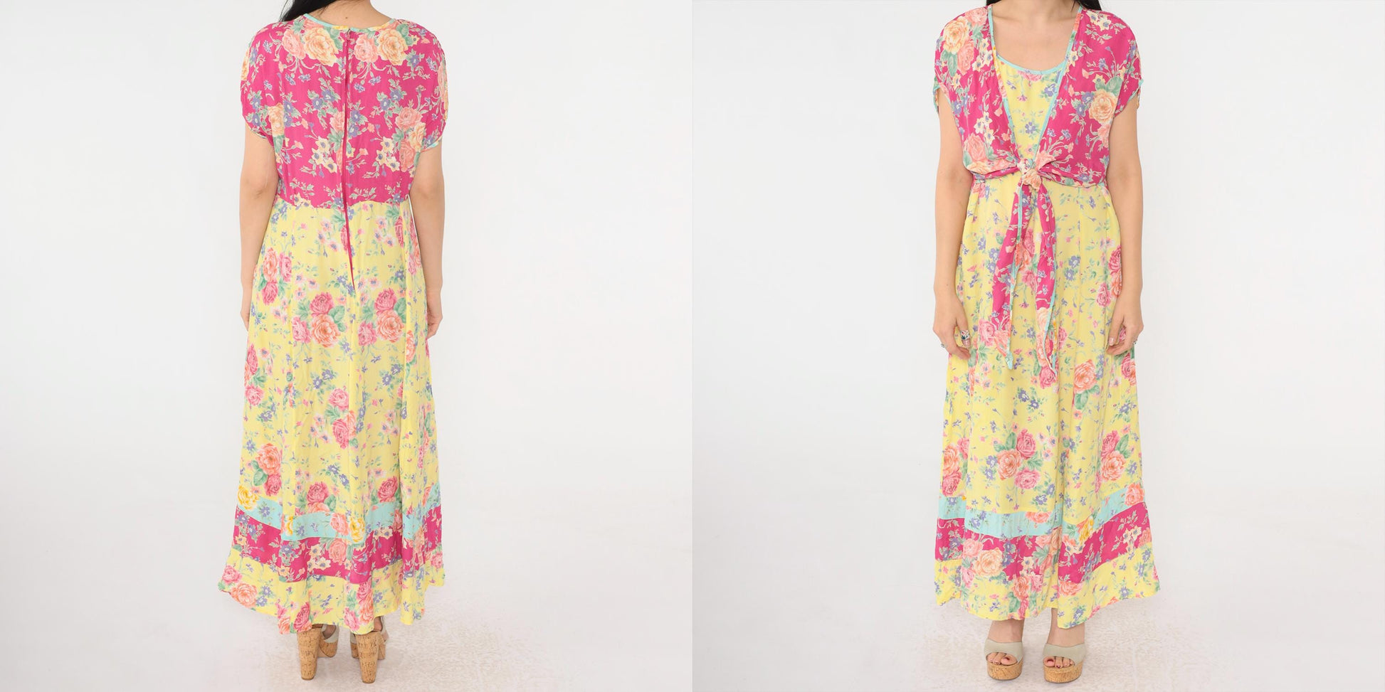 90s Bila Floral Maxi Dress Yellow Pink Rayon Tie Overlay Scoop Neck Large L