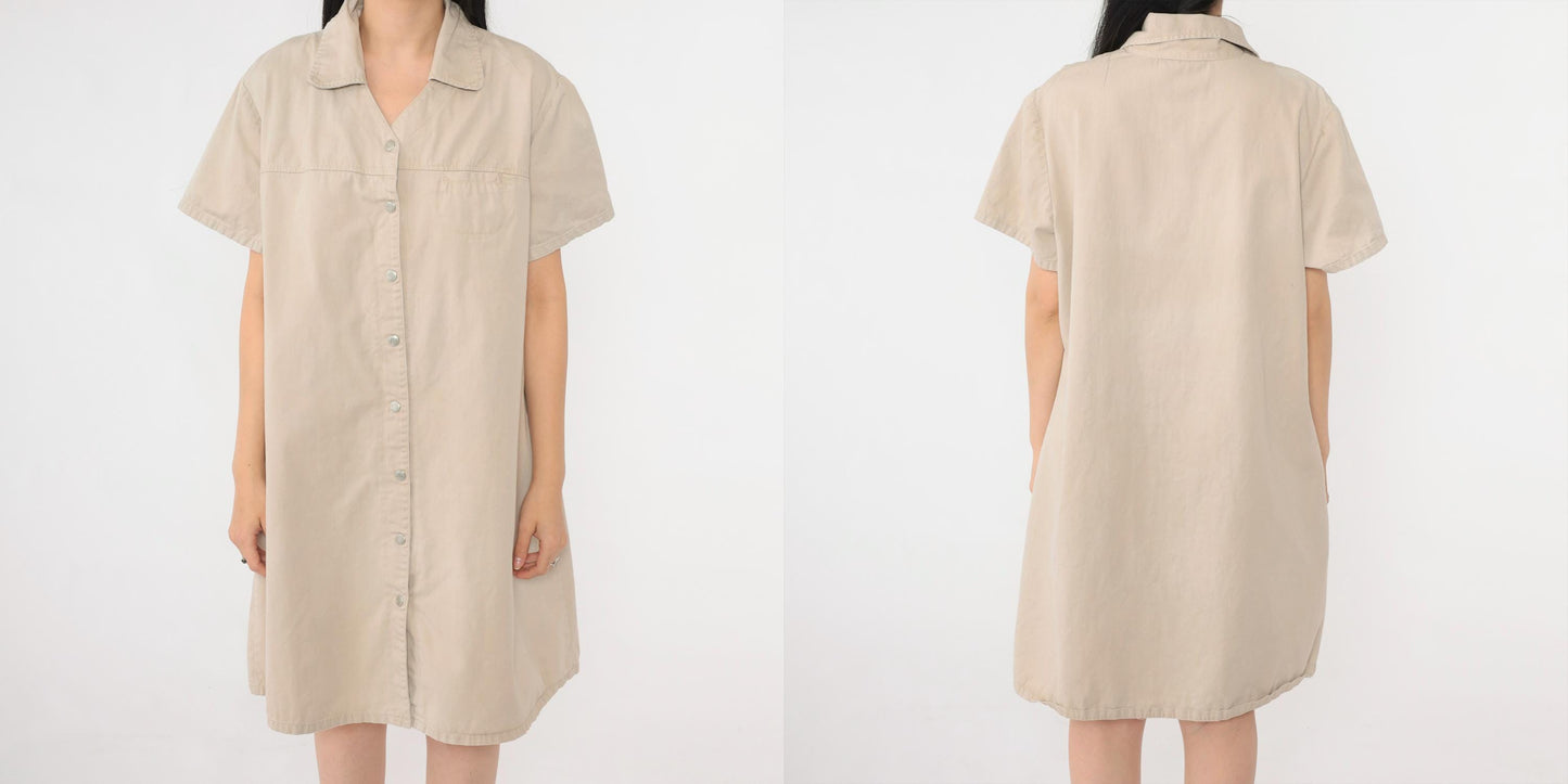 90s Faded Glory Khaki Shirt Dress Cotton Twill Mini Tan XL