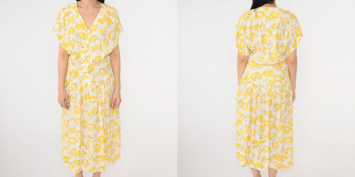 80s E.D. Michaels Yellow Floral Drop Waist Midi Dress V Neck Button Front Small