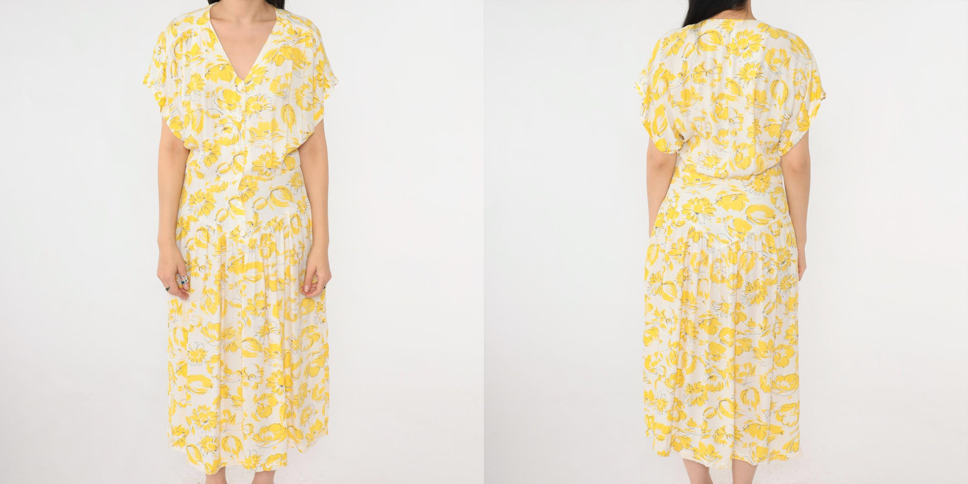 80s E.D. Michaels Yellow Floral Drop Waist Midi Dress V Neck Button Front Small