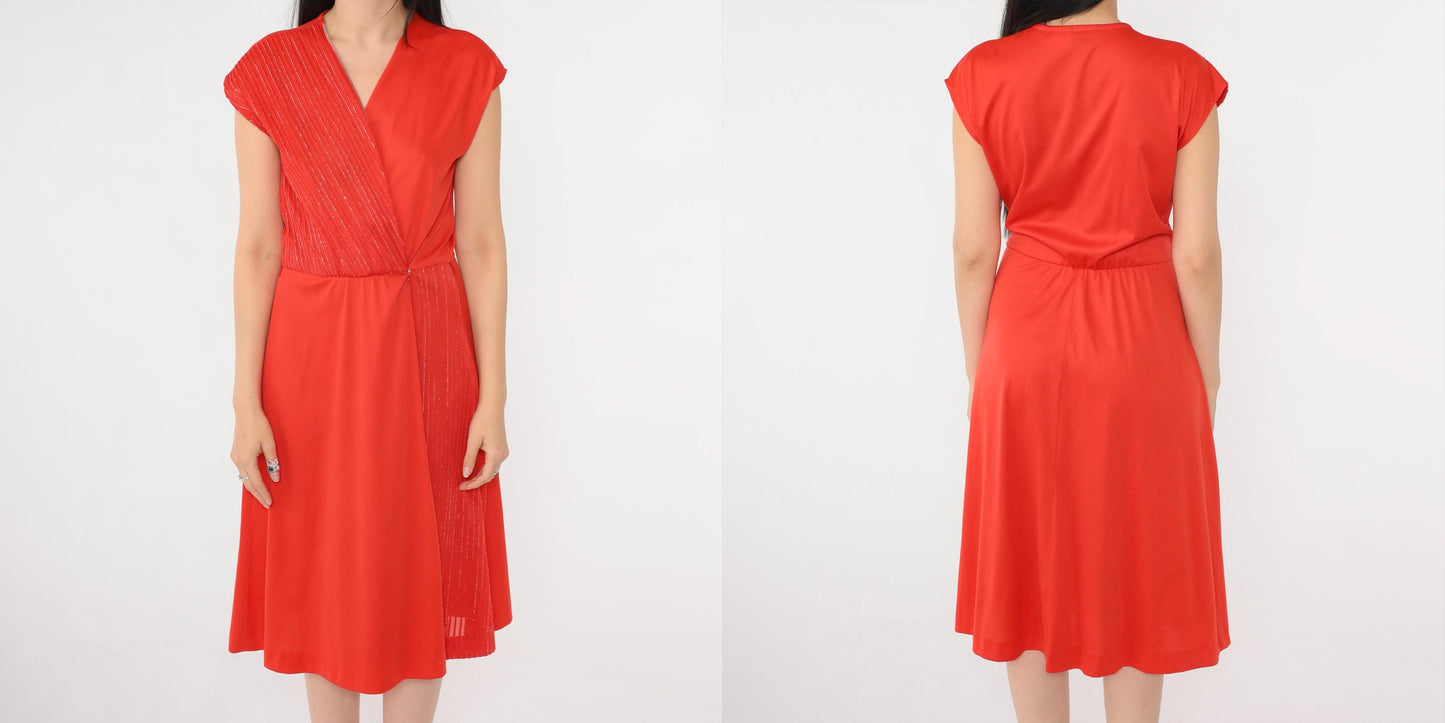 70s Red Metallic Striped Wrap Dress V Neck Midi Cap Sleeve Small
