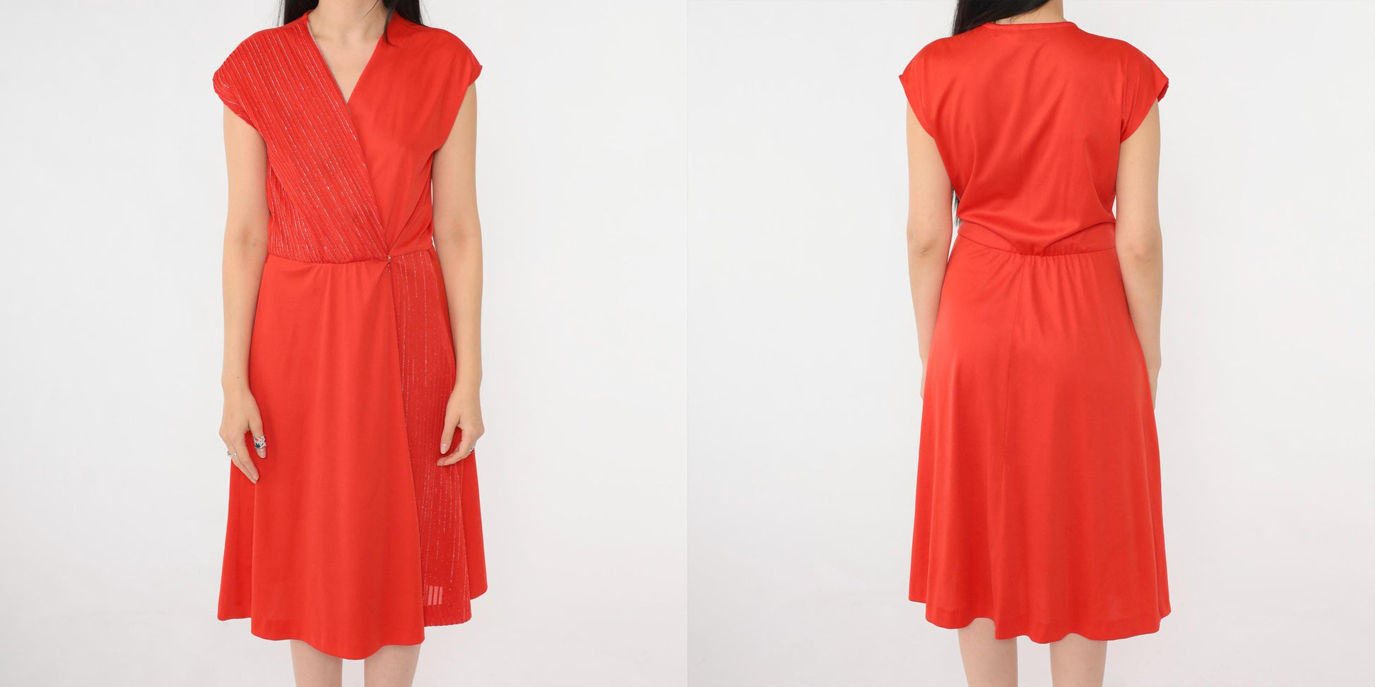 70s Red Metallic Striped Wrap Dress V Neck Midi Cap Sleeve Small