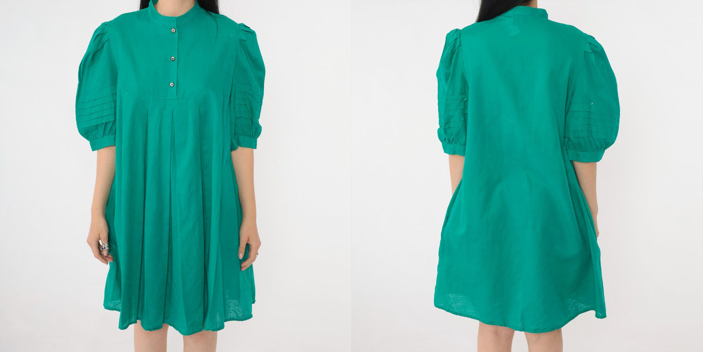 80s Jordache Green Puff Sleeve Mini Dress Pleated Tent Cut Button Bib Medium