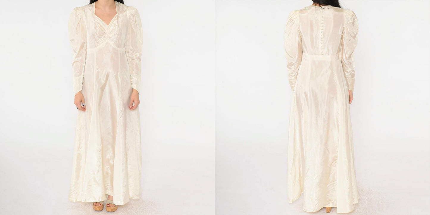 1940s Cream Satin Wedding Dress Puff Sleeve Sweetheart Neckline Maxi Medium