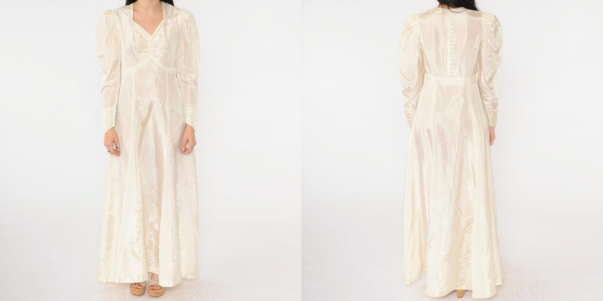 1940s Cream Satin Wedding Dress Puff Sleeve Sweetheart Neckline Maxi Medium