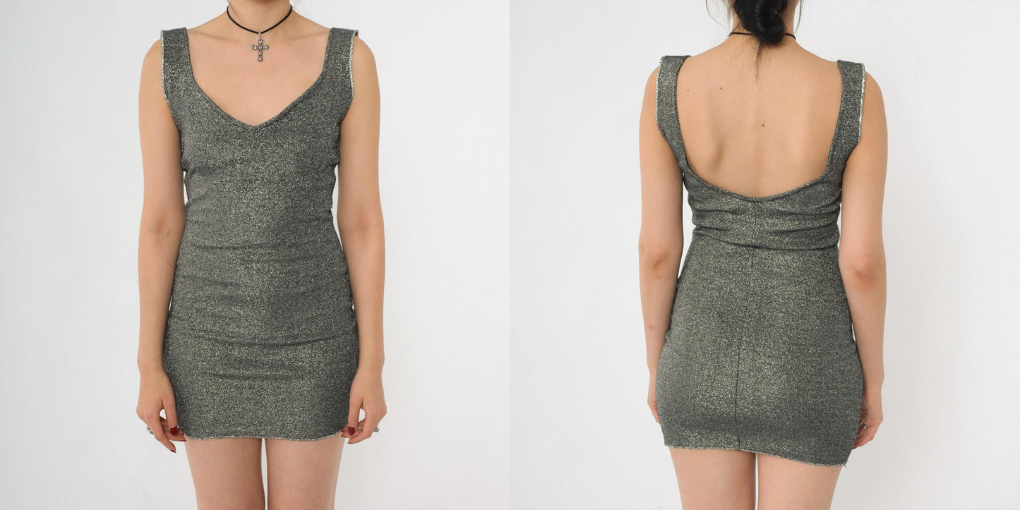 90s Sparkly Silver Black Bodycon Mini Dress Scoop Neck Sleeveless XS