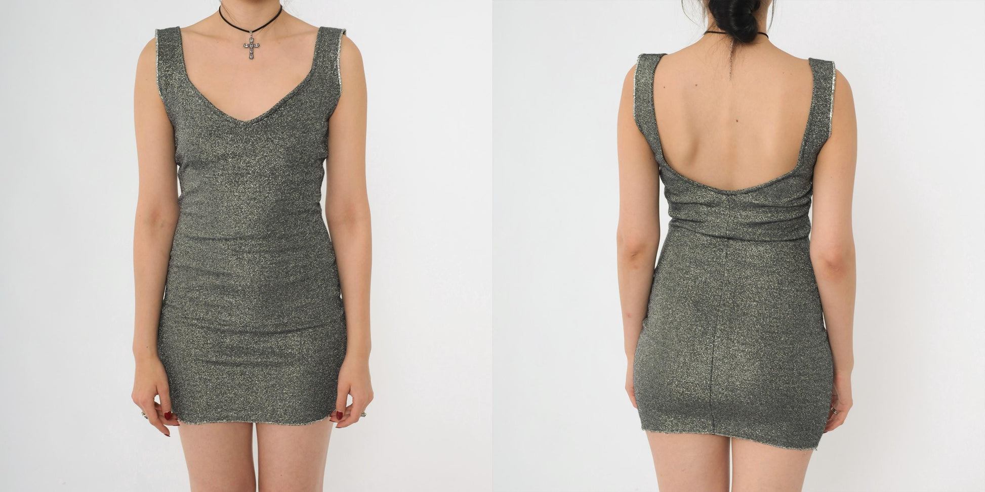 90s Sparkly Silver Black Bodycon Mini Dress Scoop Neck Sleeveless XS
