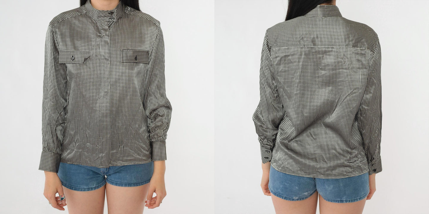 80s Celine Paris Silk Blouse Black White Houndstooth High Neck Small