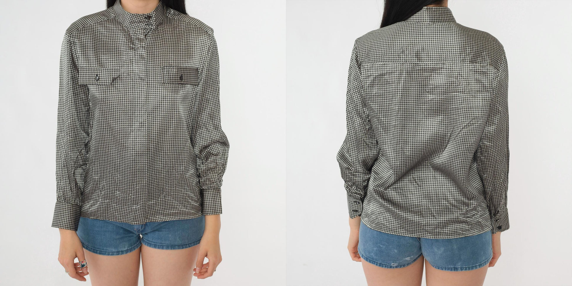 80s Celine Paris Silk Blouse Black White Houndstooth High Neck Small