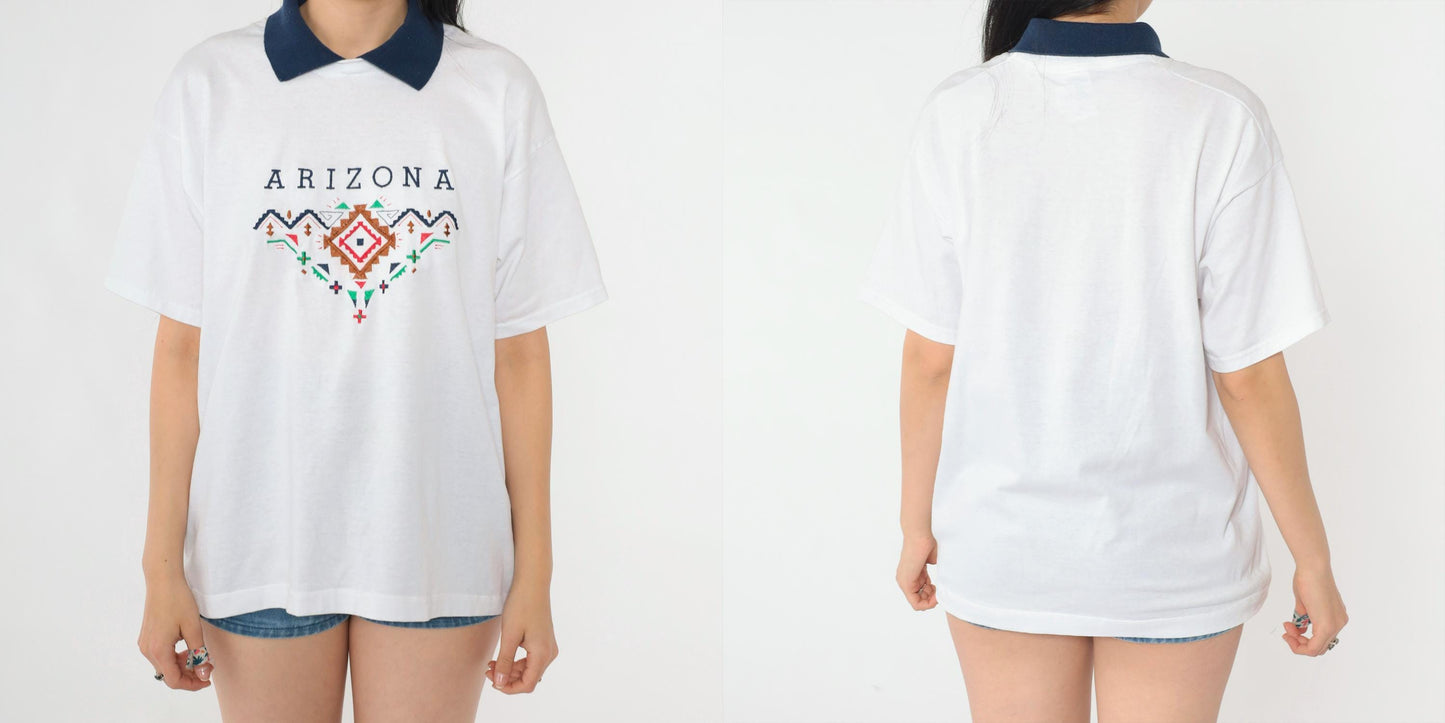 Y2K Arizona Embroidered Graphic T-Shirt White Collared Tee Large L