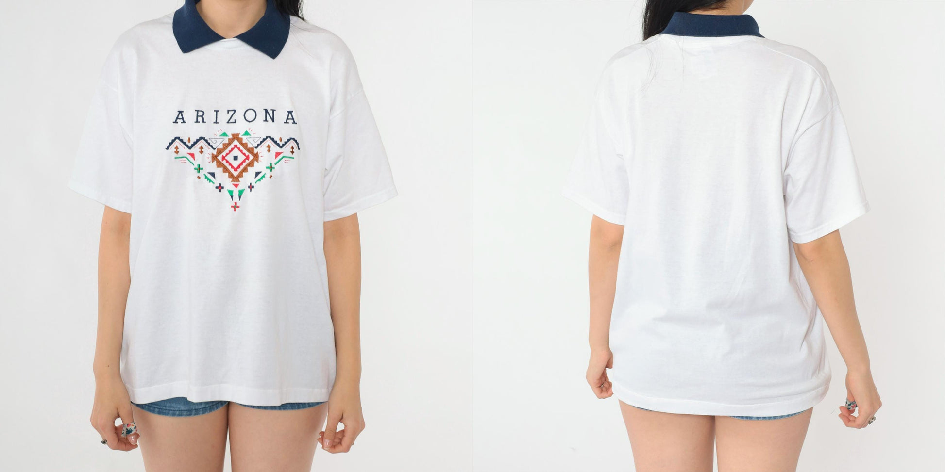 Y2K Arizona Embroidered Graphic T-Shirt White Collared Tee Large L