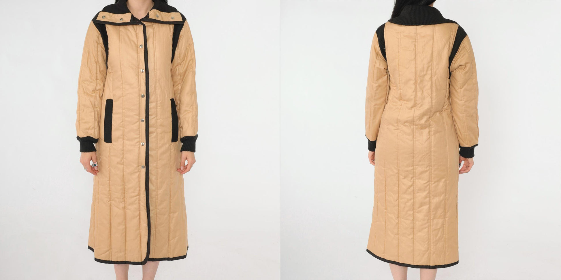 80s Furrrina Quilted Parka Tan Black Long Puffer Jacket Small
