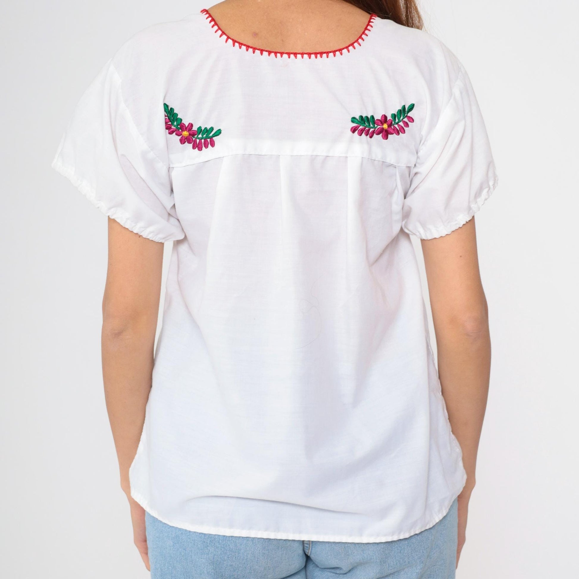 90s Mexican Floral Embroidered Blouse White Short Sleeve Small