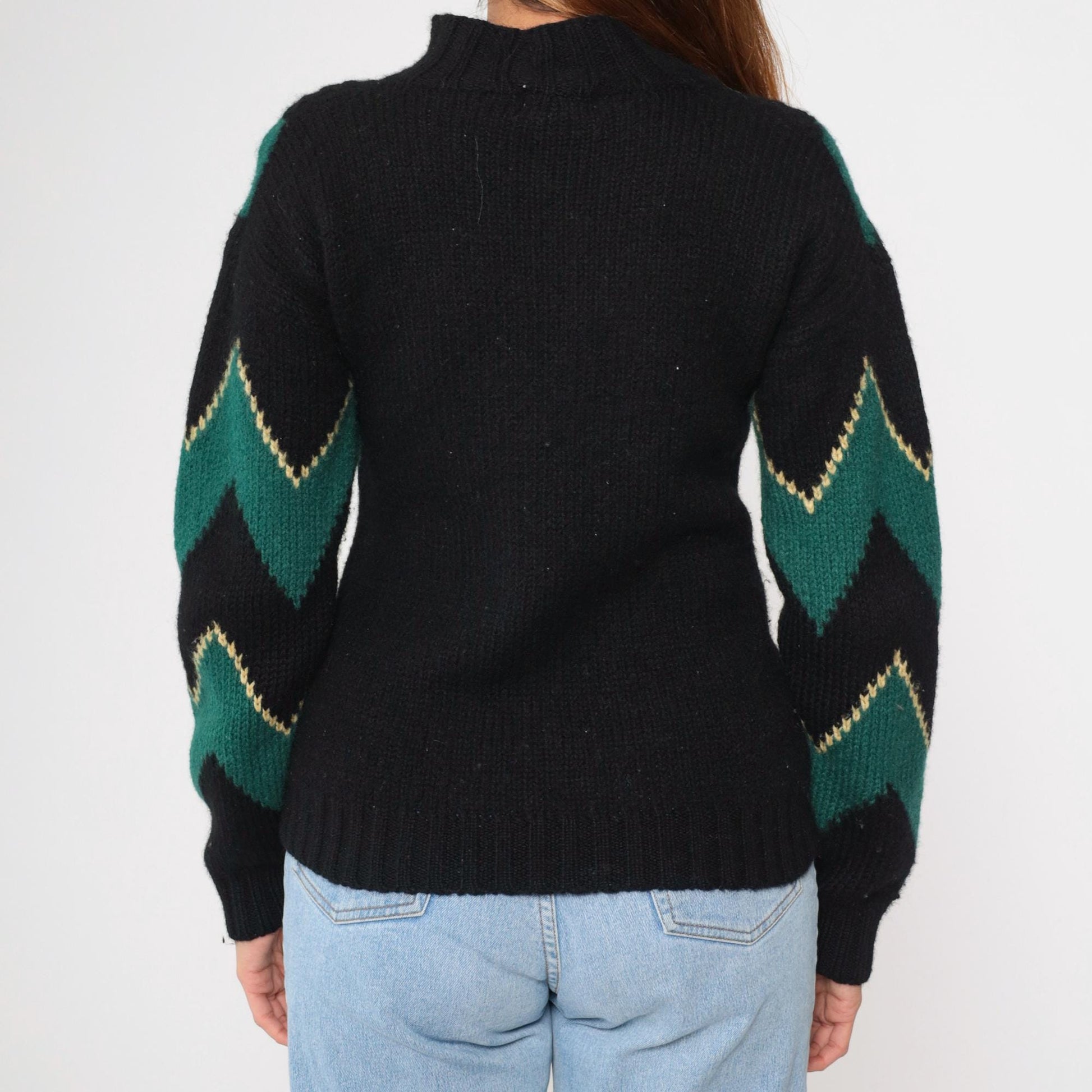 80s Skyr Sportswear Wool Sweater Chevron Zigzag Mock Neck Black Extra Small