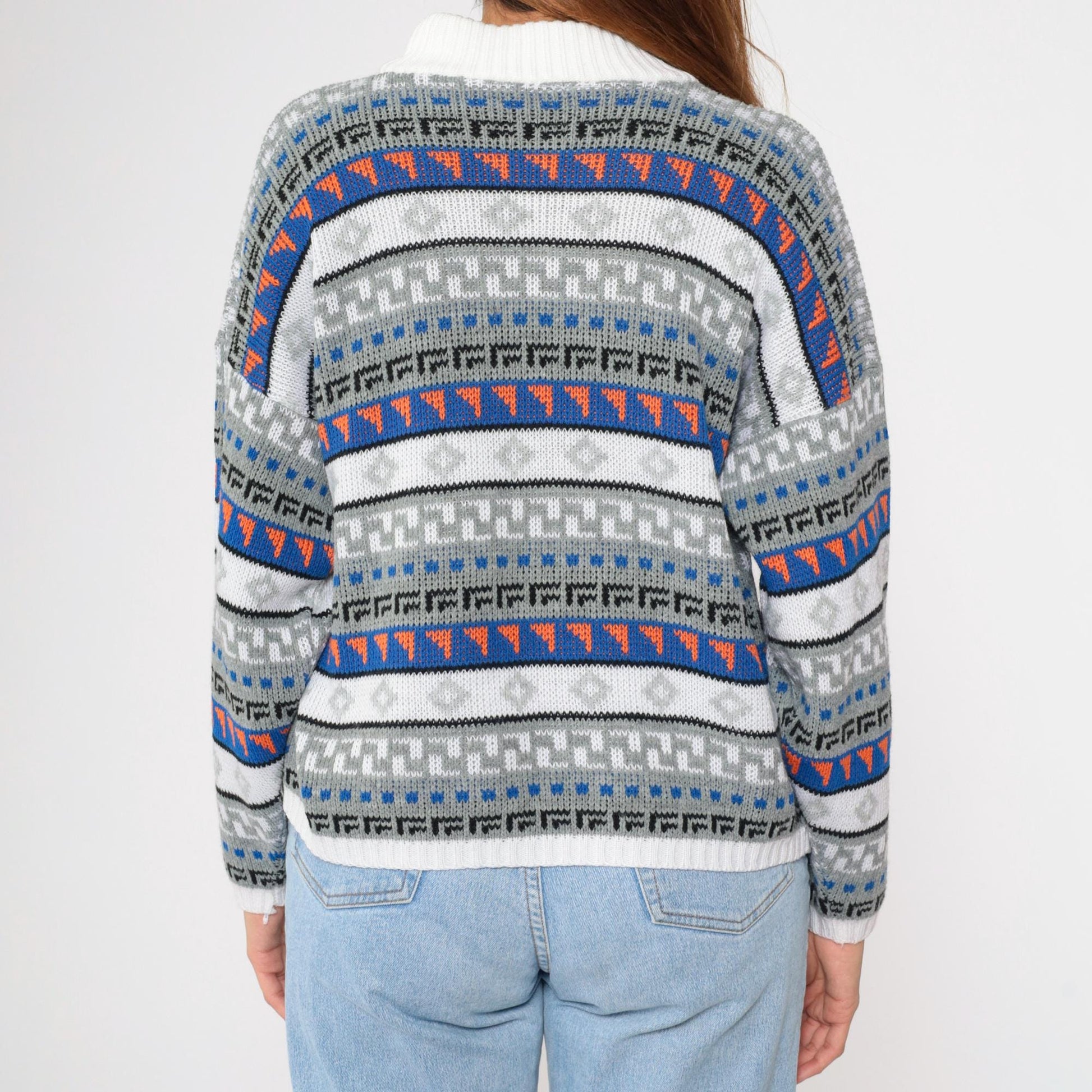 80s Geometric Striped Knit Sweater White Blue Mock Neck Pullover Medium
