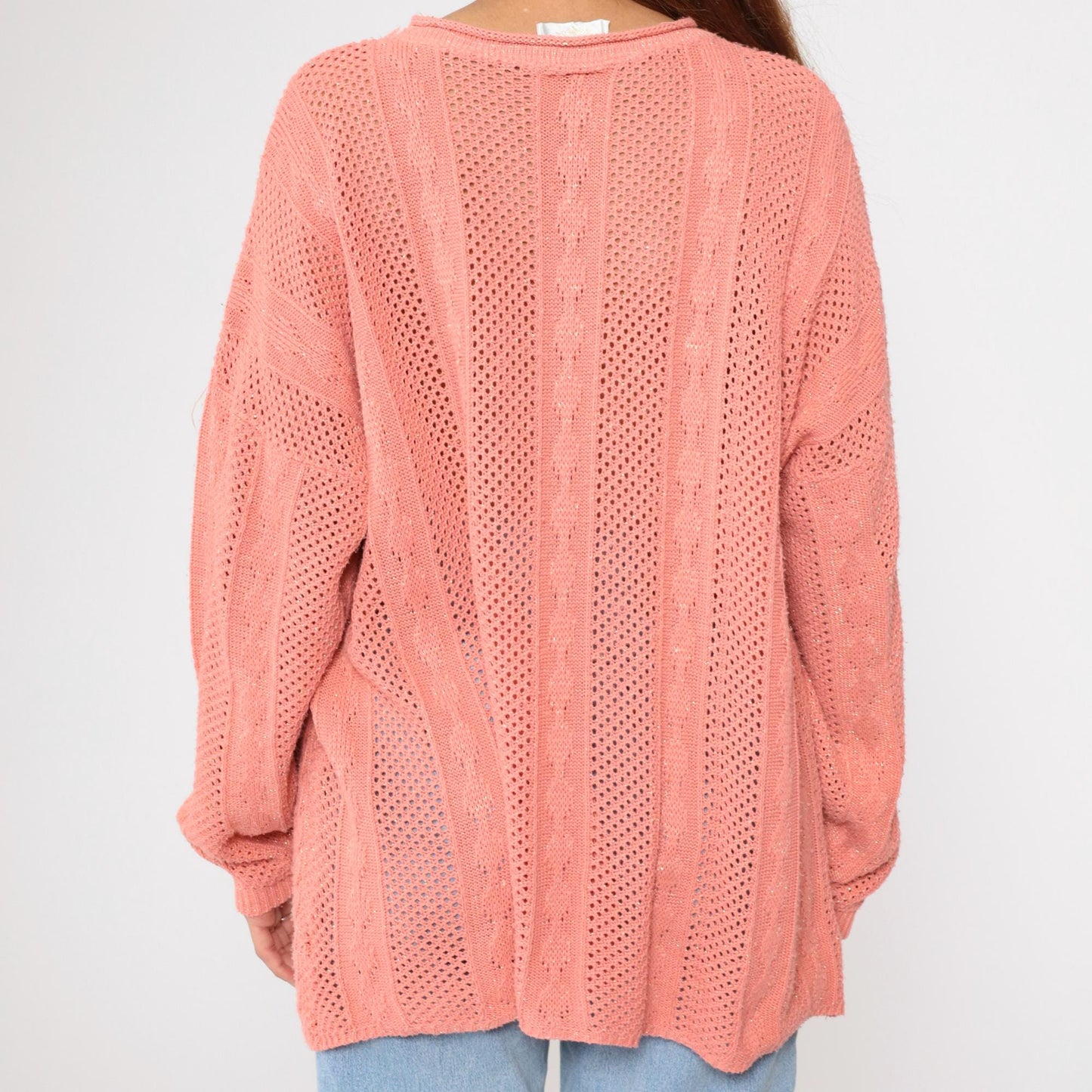 90s Metallic Pink Cable Knit Sweater Openwork Pullover Plus Size XXL
