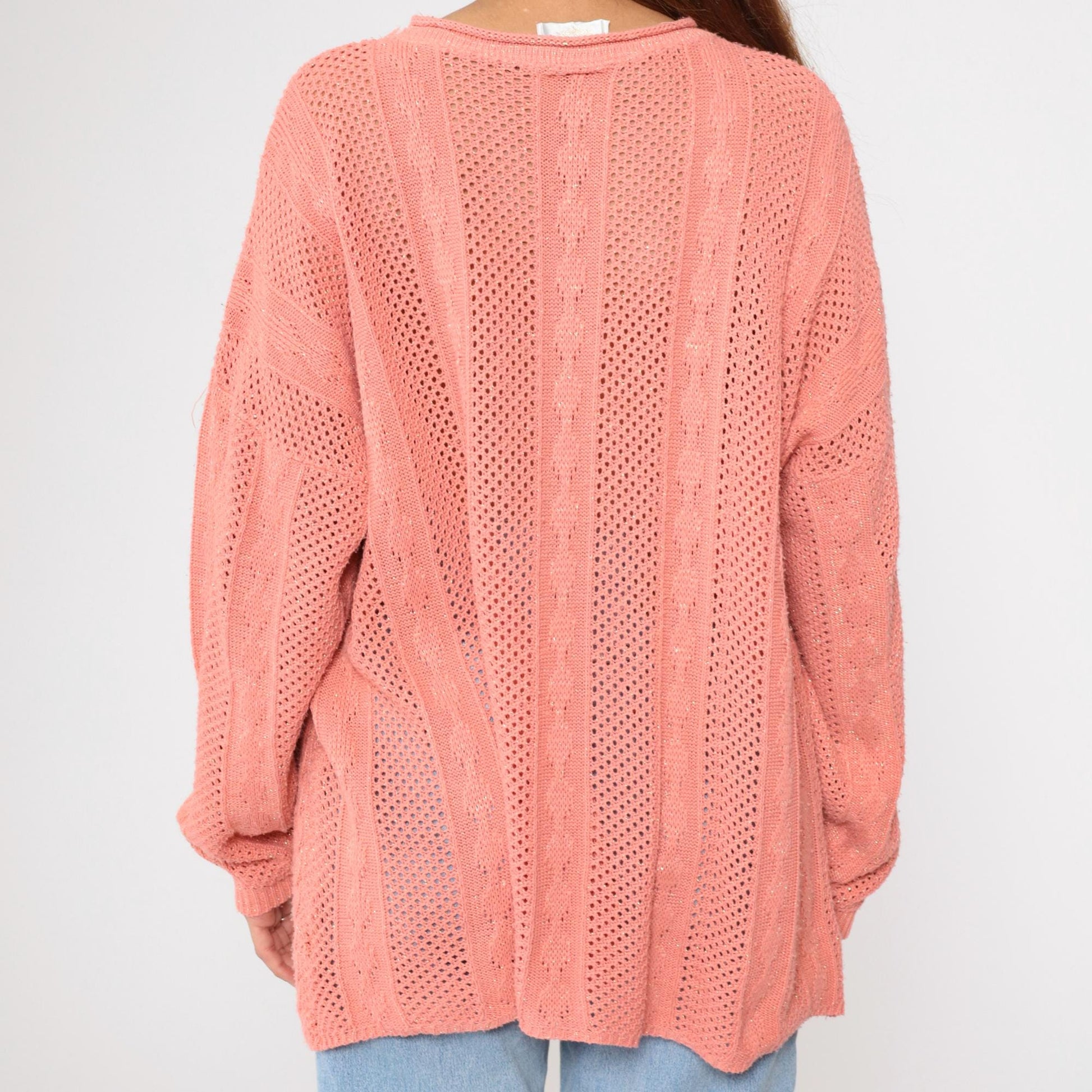 90s Metallic Pink Cable Knit Sweater Openwork Pullover Plus Size XXL
