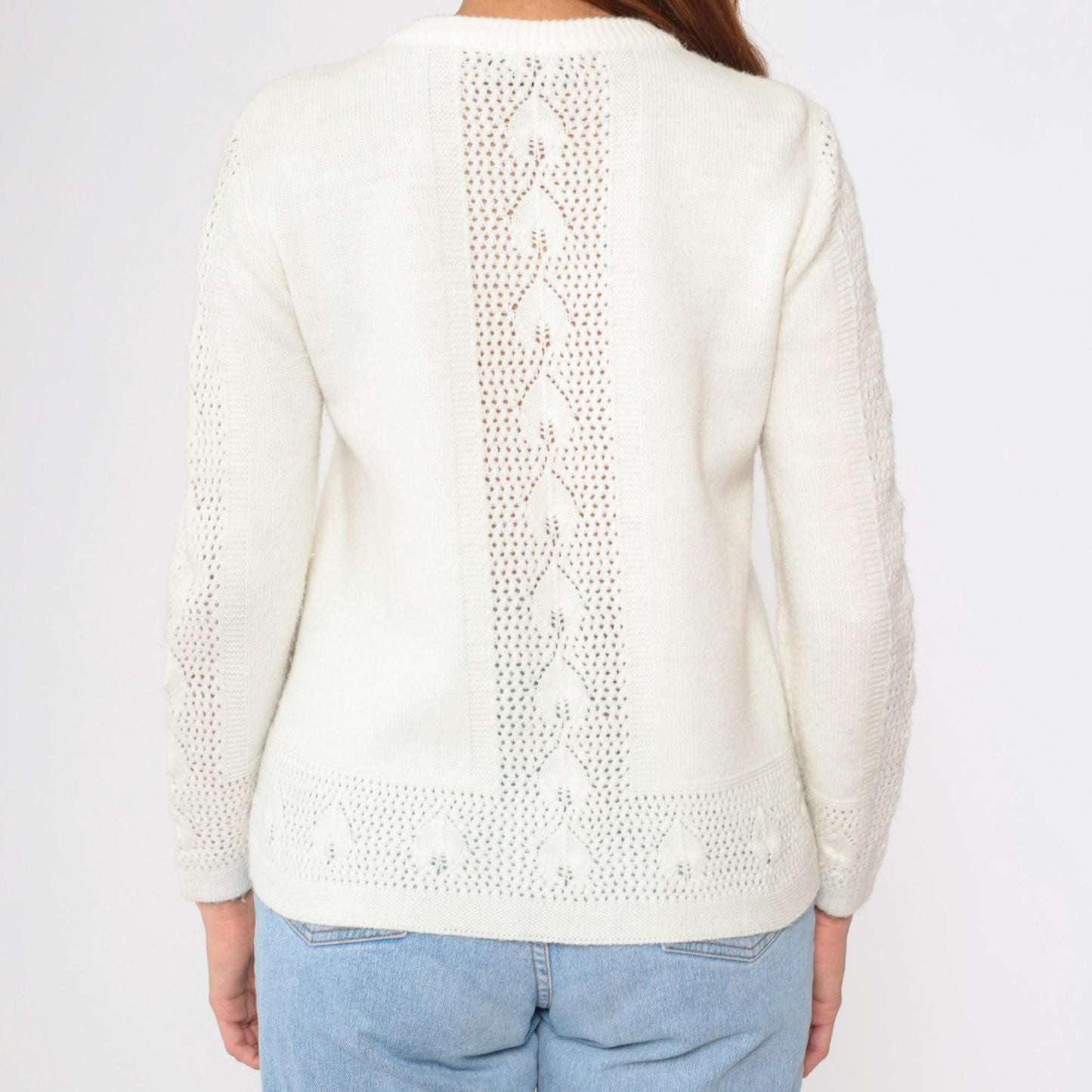 80s White Openwork Cardigan Leaf Motif Button-Up Crew Neck Small