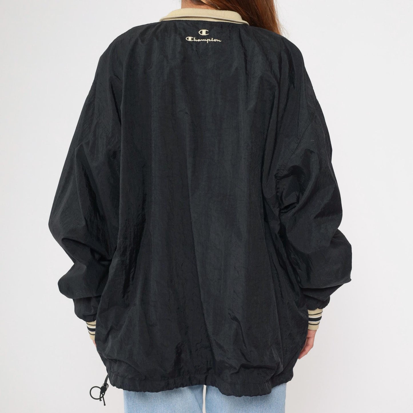 Y2K Champion Windbreaker Jacket Black Nylon Quarter Zip Pullover Extra Extra Large XXL