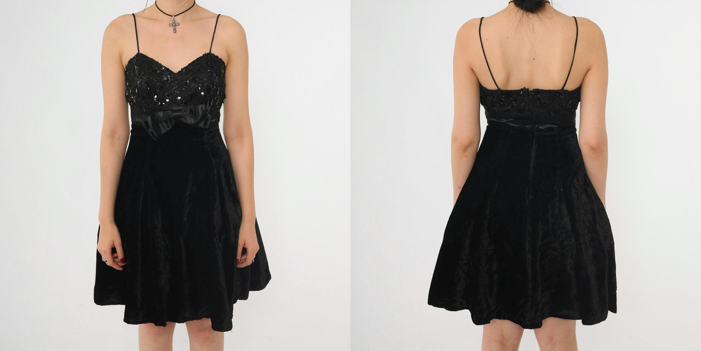 80s Black Velvet Lace Sequin Mini Dress Sweetheart Spaghetti Strap Empire Waist Extra Small