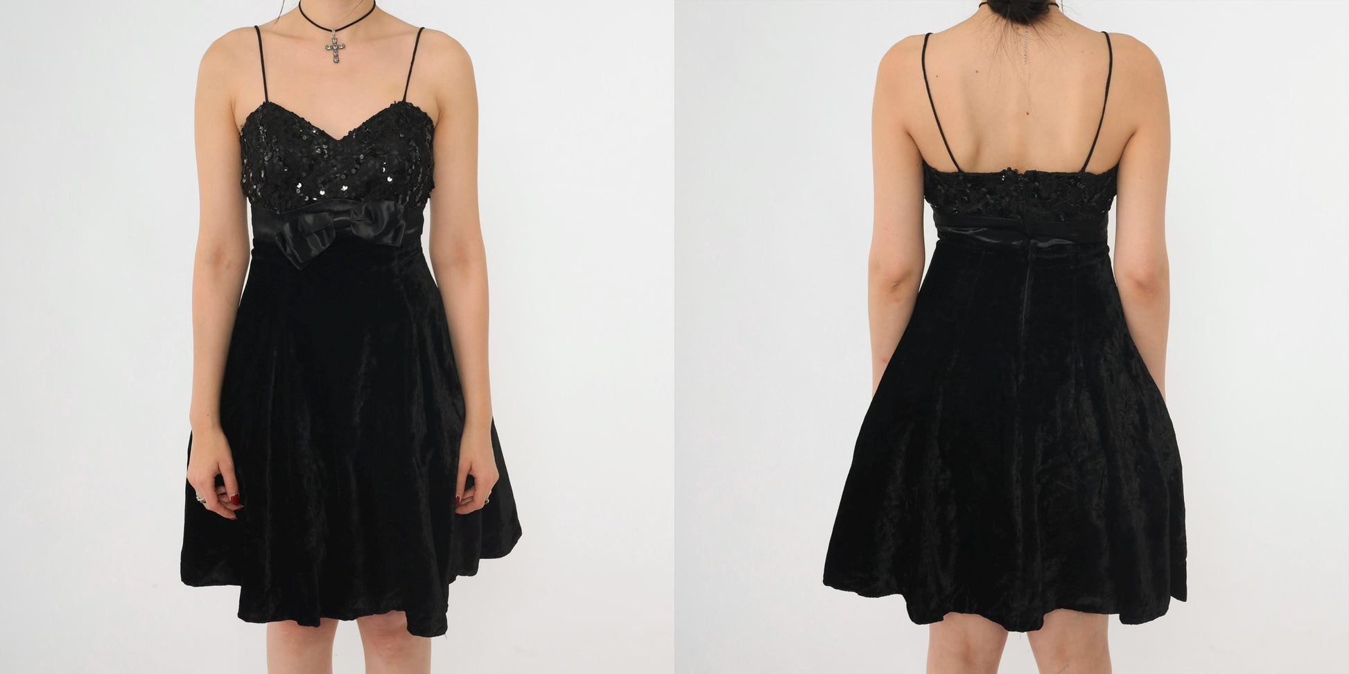 80s Black Velvet Lace Sequin Mini Dress Sweetheart Spaghetti Strap Empire Waist Extra Small