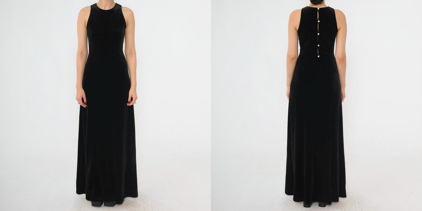 90s Papell Boutique Black Velvet Maxi Gown Rhinestone Back Sleeveless Small 4