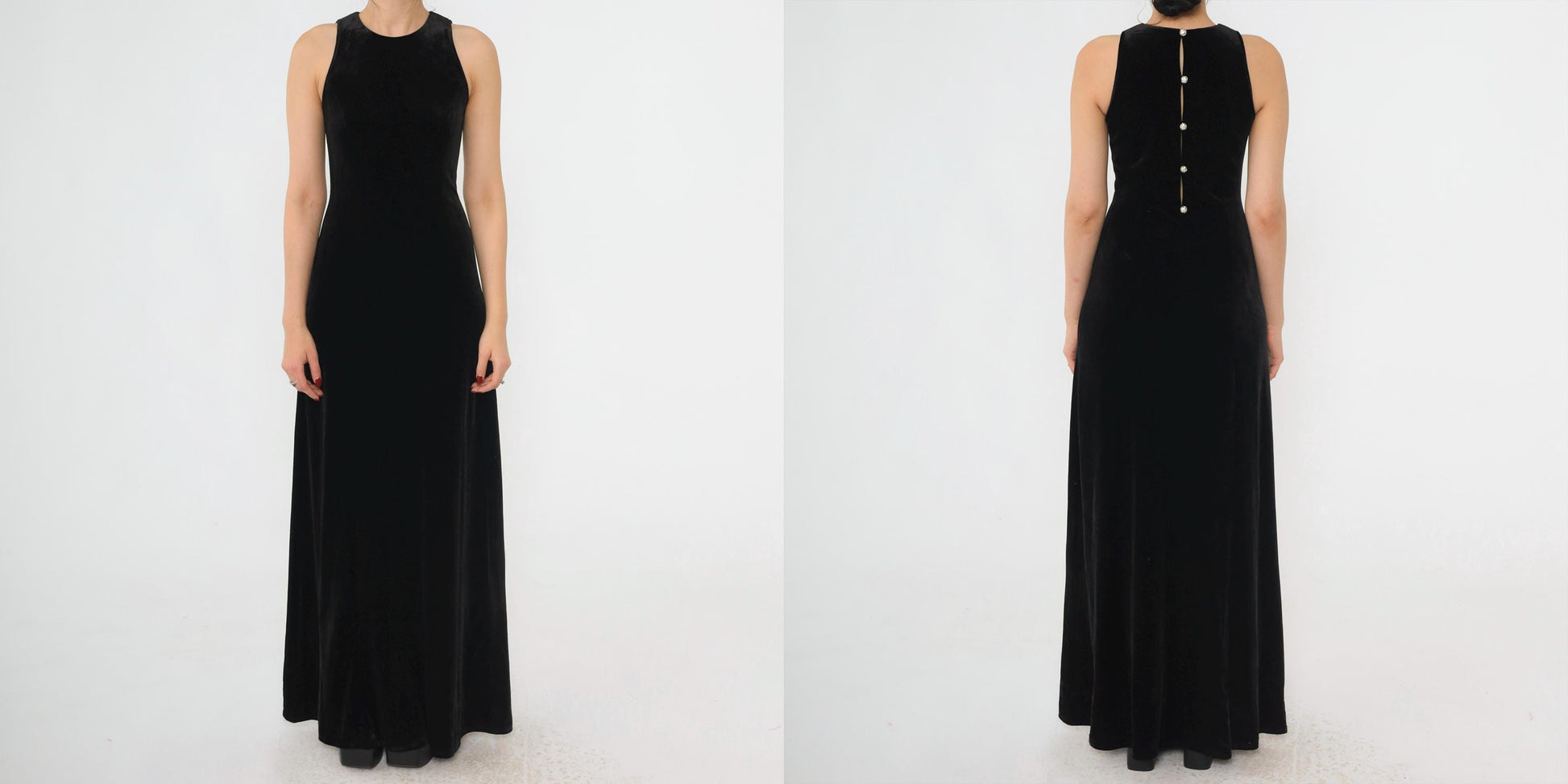 90s Papell Boutique Black Velvet Maxi Gown Rhinestone Back Sleeveless Small 4