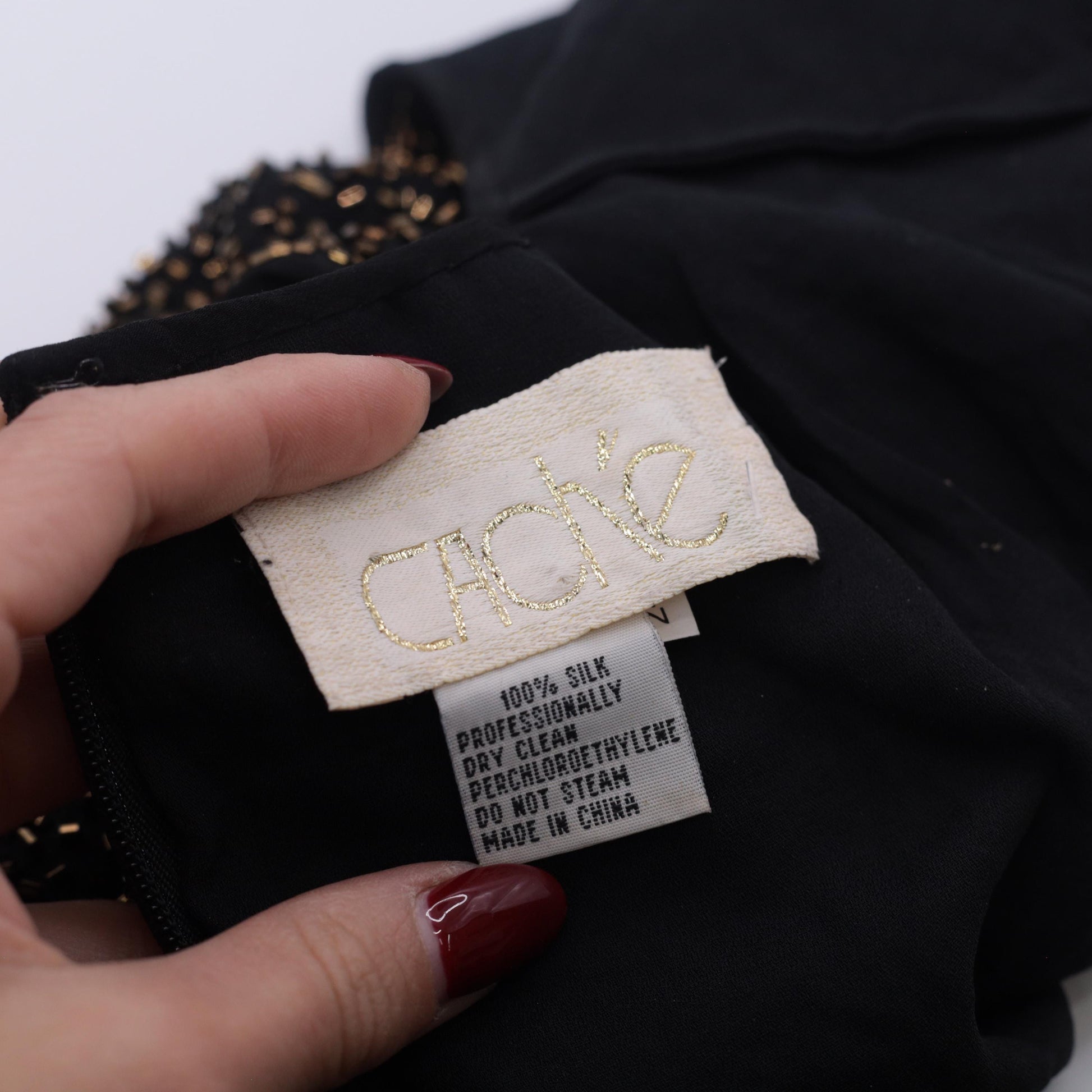 90s Cache Beaded Silk Chiffon Mini Dress Black Gold Fit Flare Small