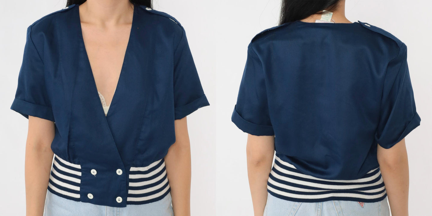 80s Lanz Nautical Striped Button-Up Blouse Deep V-Neck Dark Blue White Medium