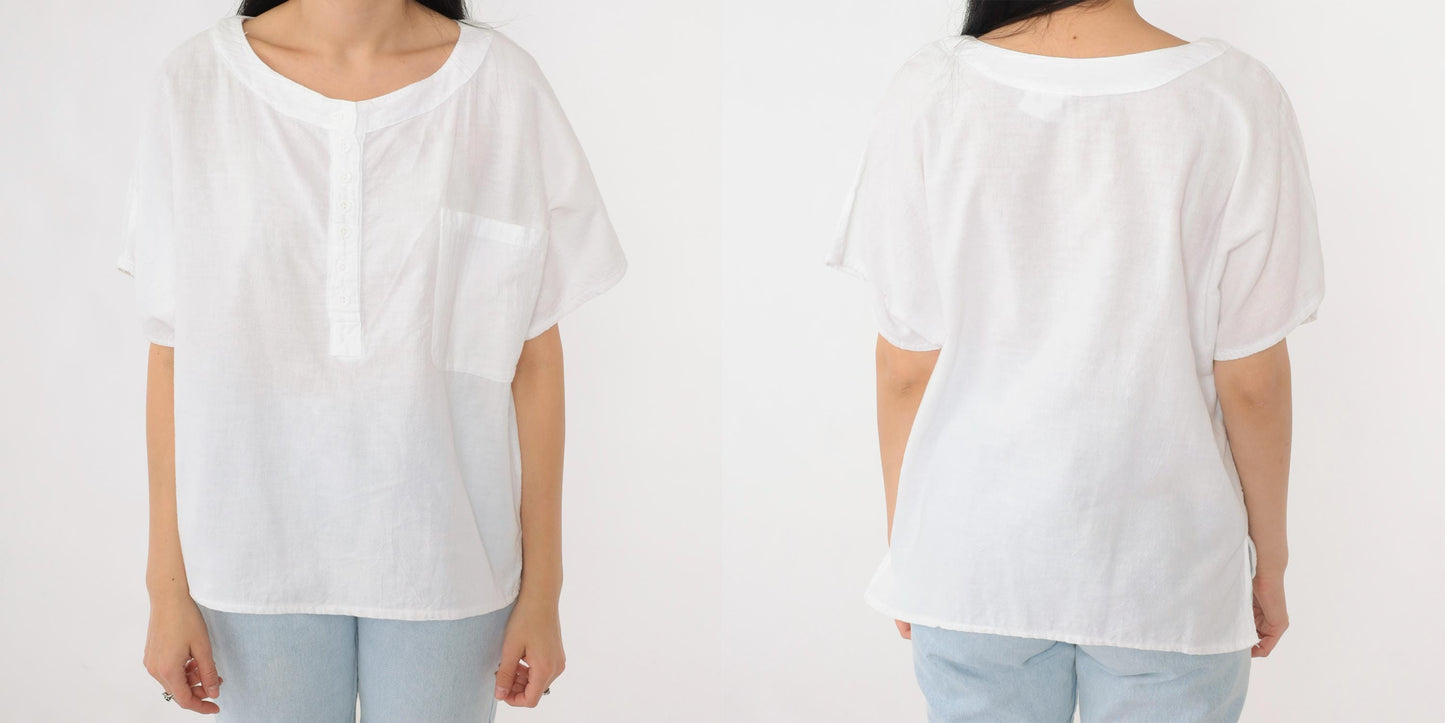 90s Coastal Clothing White Cotton Button-Up Blouse Short Sleeve Medium M