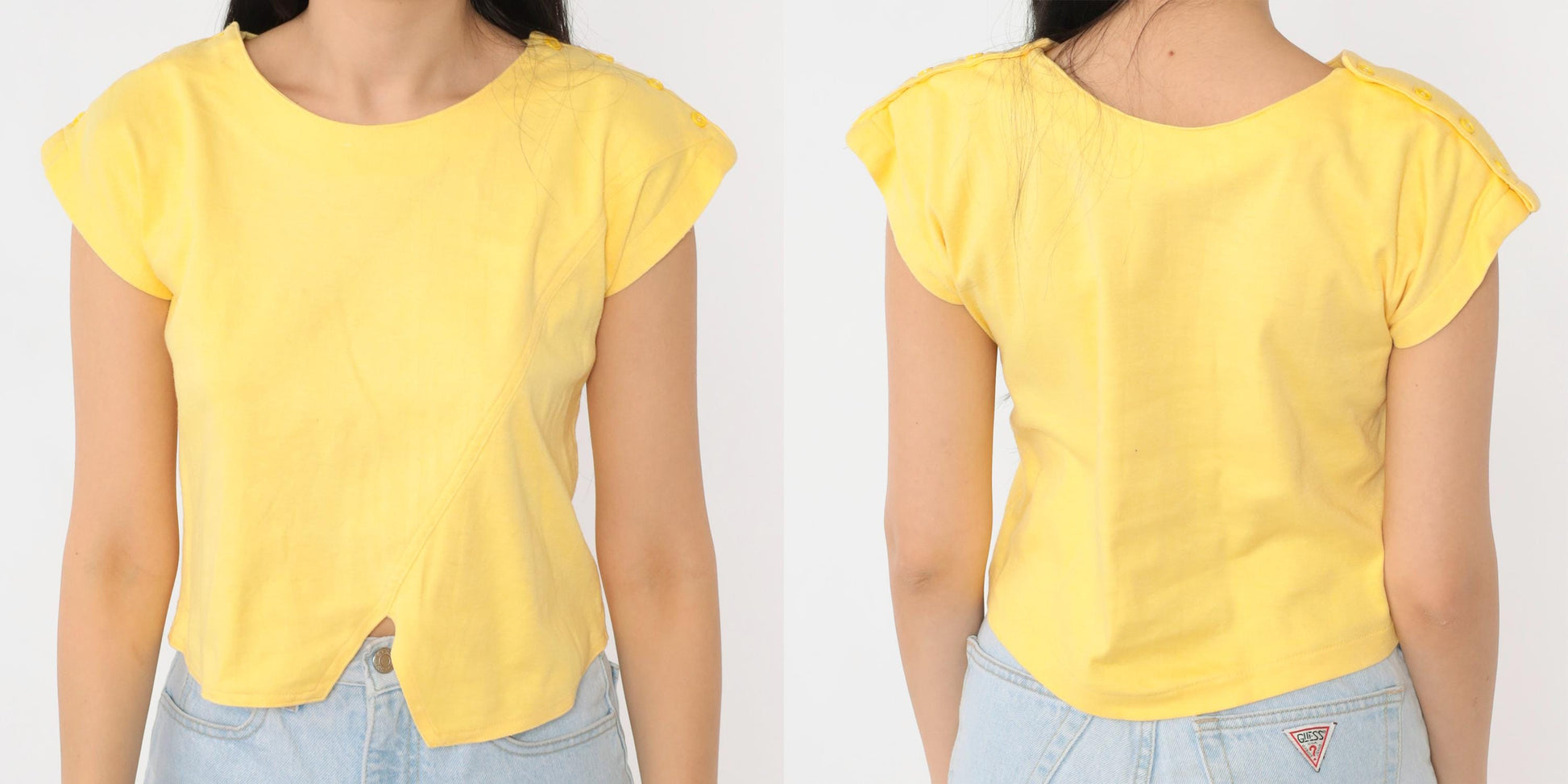 80s Yellow Asymmetric Hem Cap Sleeve Crop Top Cotton Blend Small S
