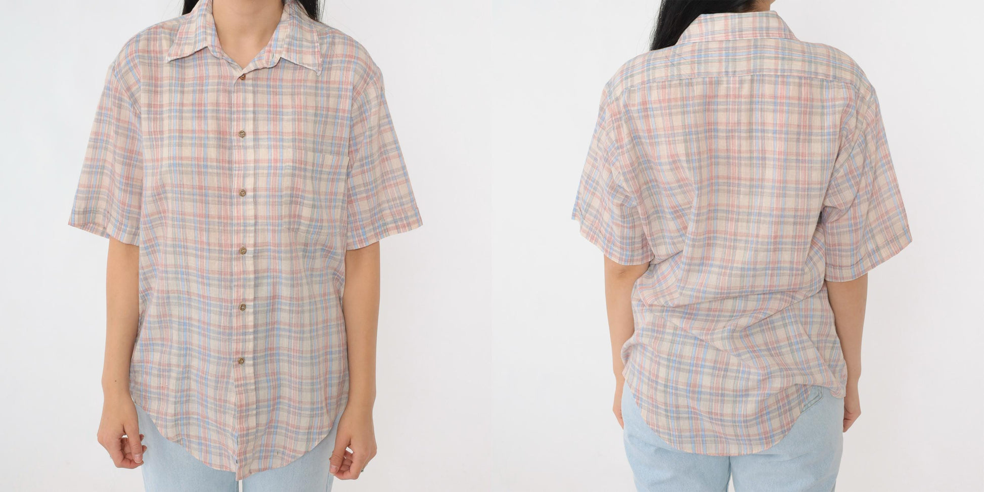 80s Cream Plaid Button-Up Shirt Pink Blue Checkered Short Sleeve Medium