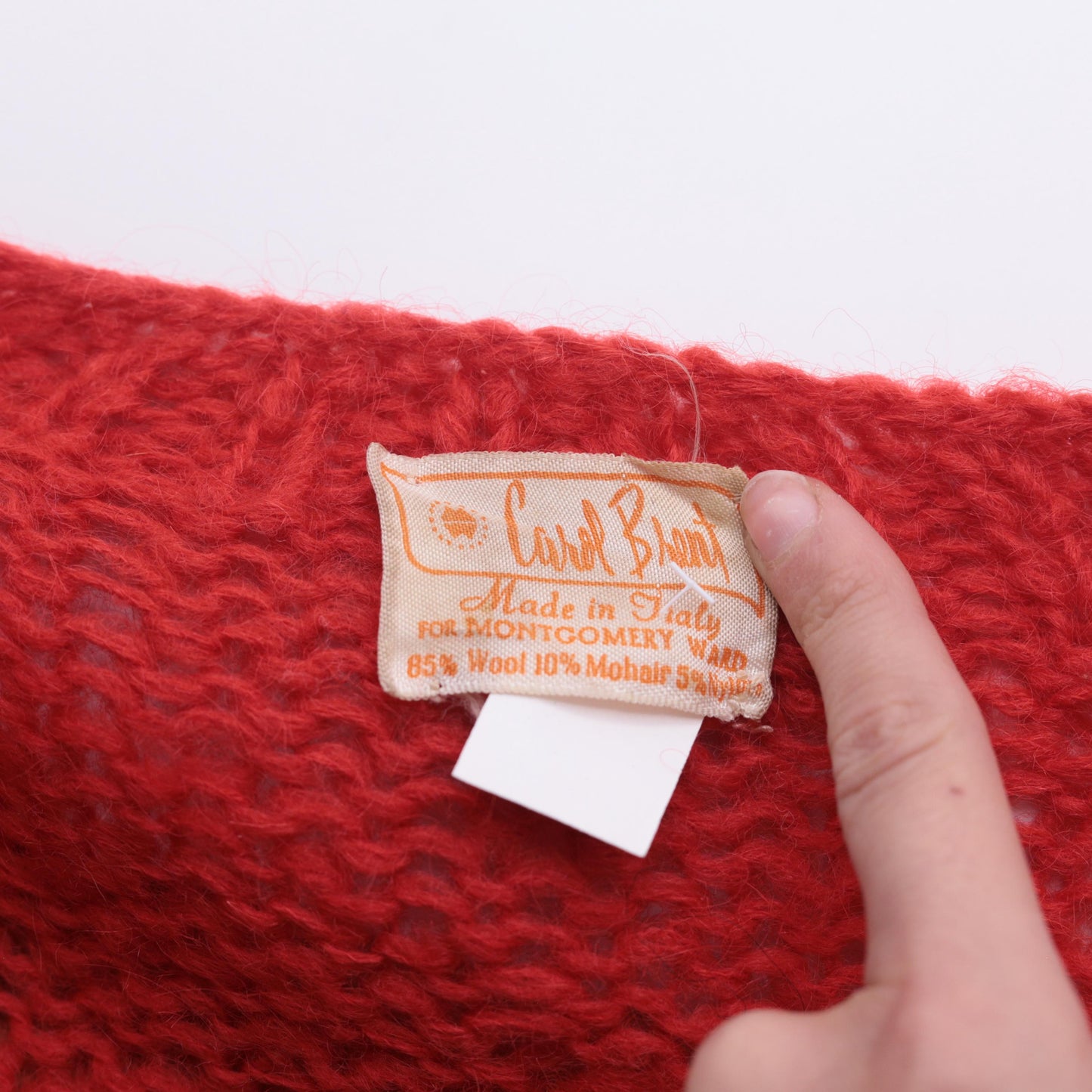 70s Carol Brent Wool Mohair Cable Knit Cardigan Red Semi-Sheer Extra Small