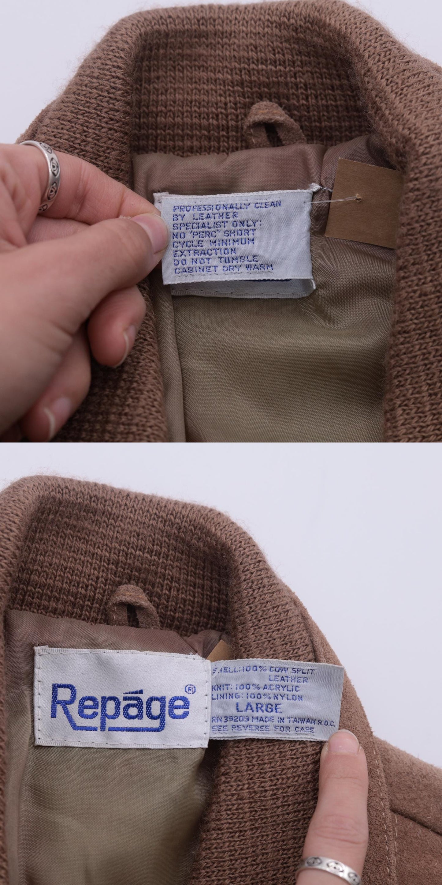 80s Repage Brown Suede Leather Bomber Jacket Striped Knit Medium