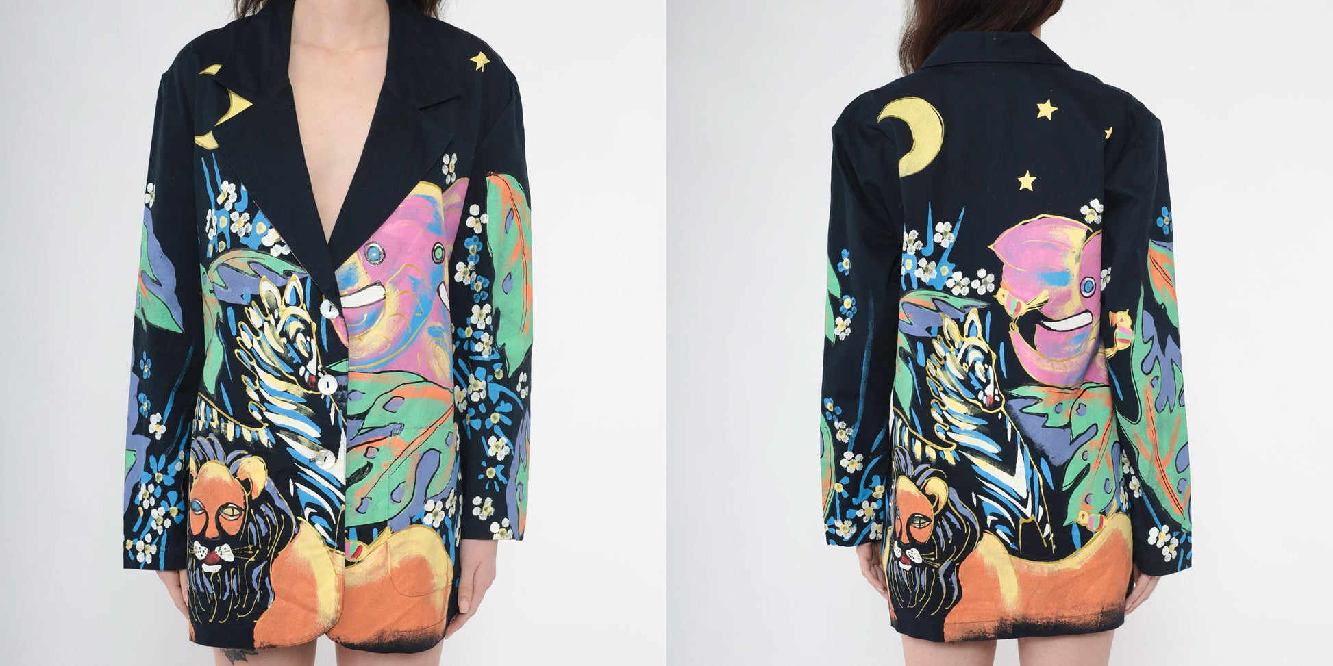 90s Kolorway Painted Jungle Animal Blazer Cotton Lion Zebra Medium M