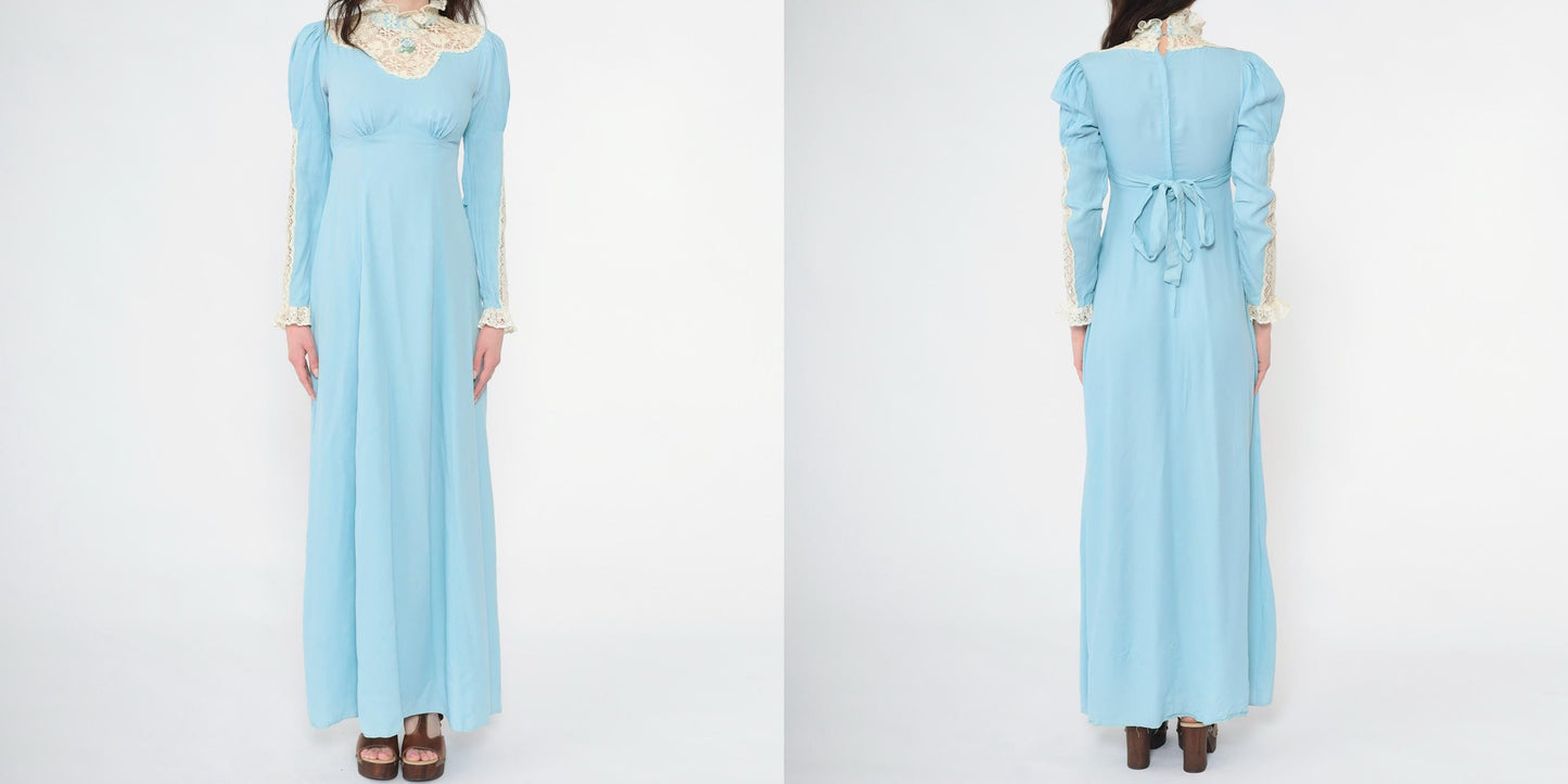 70s Light Blue Maxi Dress Lace Yoke Puff Sleeve High Neck Empire Waist Extra Small