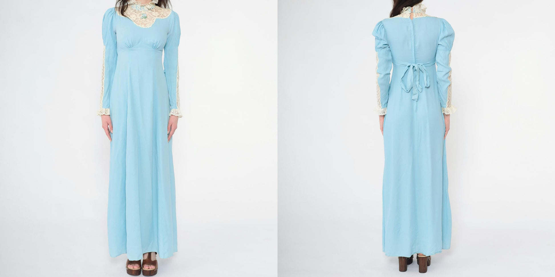70s Light Blue Maxi Dress Lace Yoke Puff Sleeve High Neck Empire Waist Extra Small