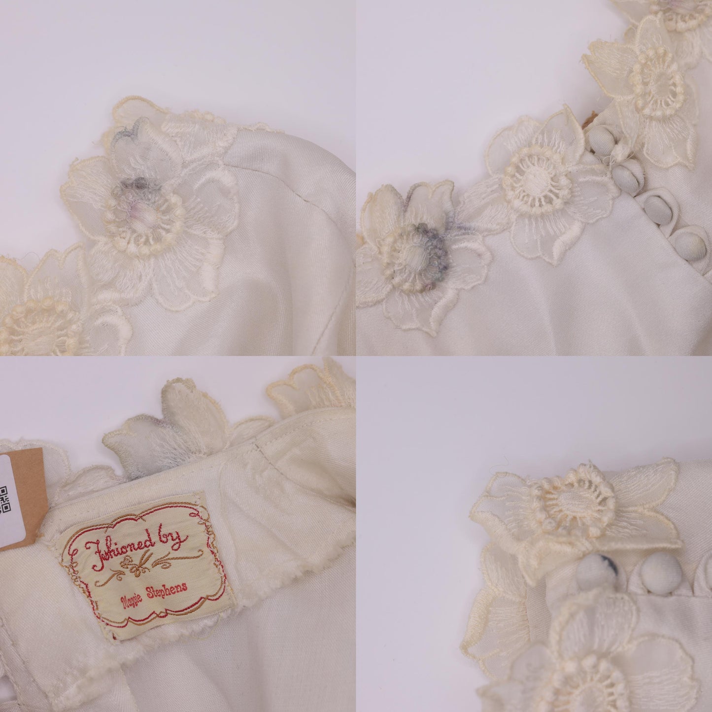 1960s Ivory Satin Wedding Dress Empire Waist Bishop Sleeve Floral Appliqué Extra Small