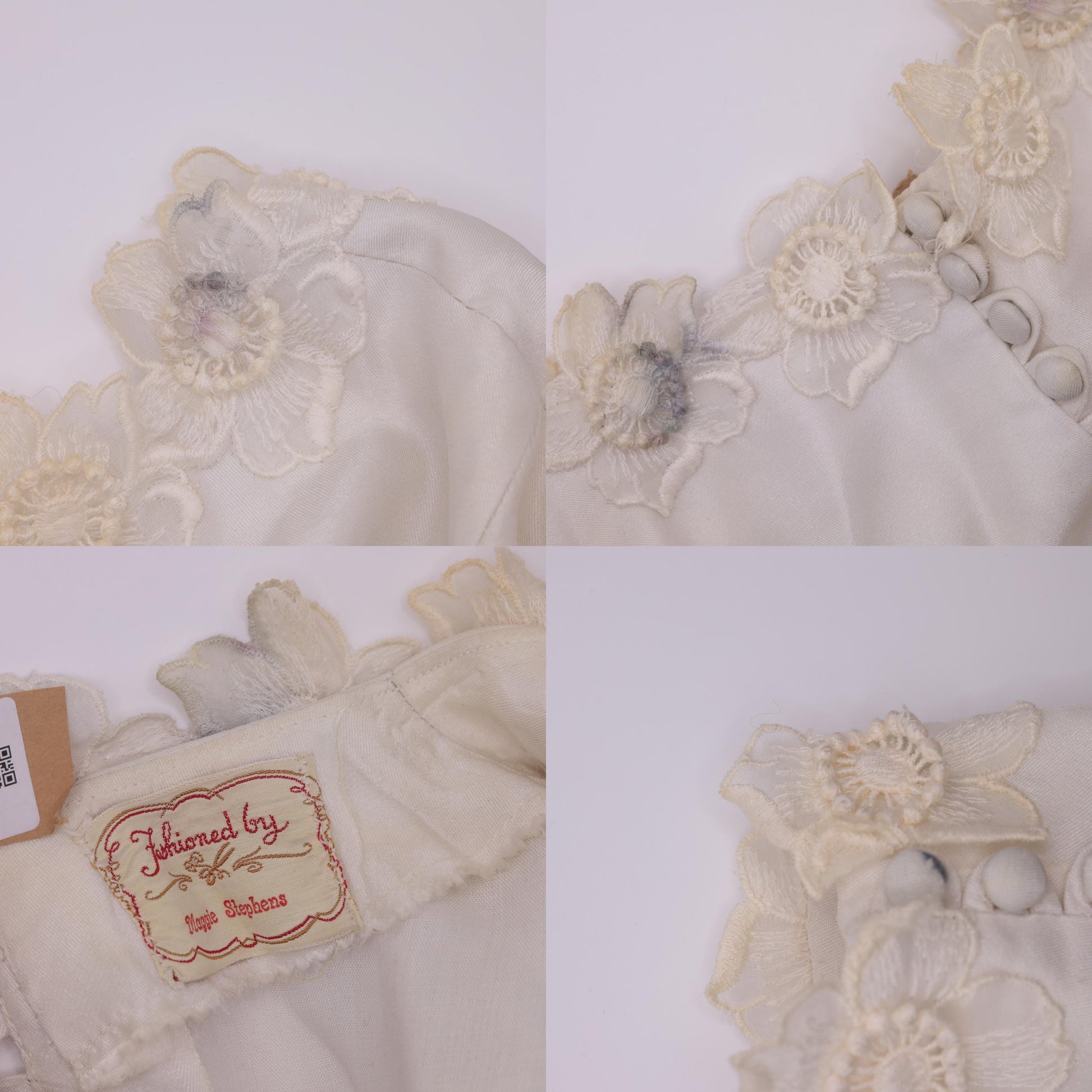 1960s Ivory Satin Wedding Dress Empire Waist Bishop Sleeve Floral Appliqué Extra Small