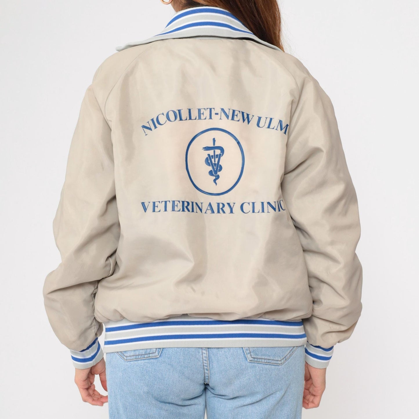 80s Butwin Veterinary Clinic Bomber Jacket Beige Royal Blue Snap Medium