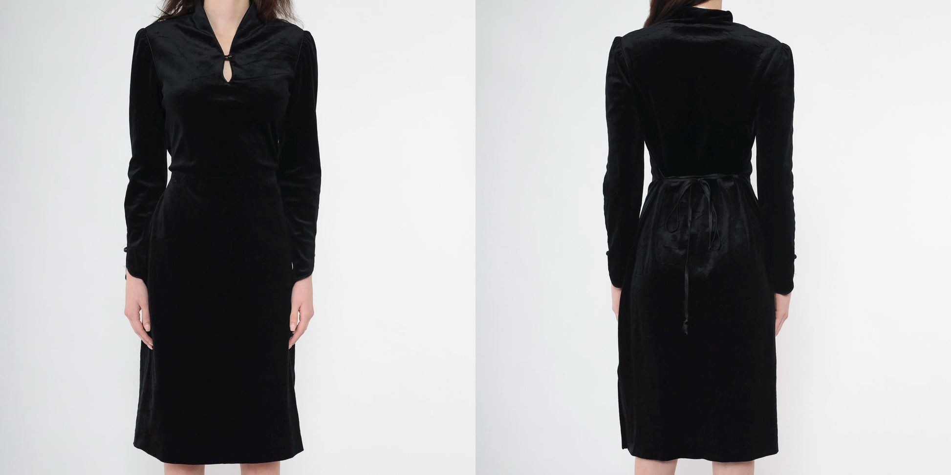 80s Black Velour Midi Dress Keyhole Neckline Long Sleeve Fitted Small