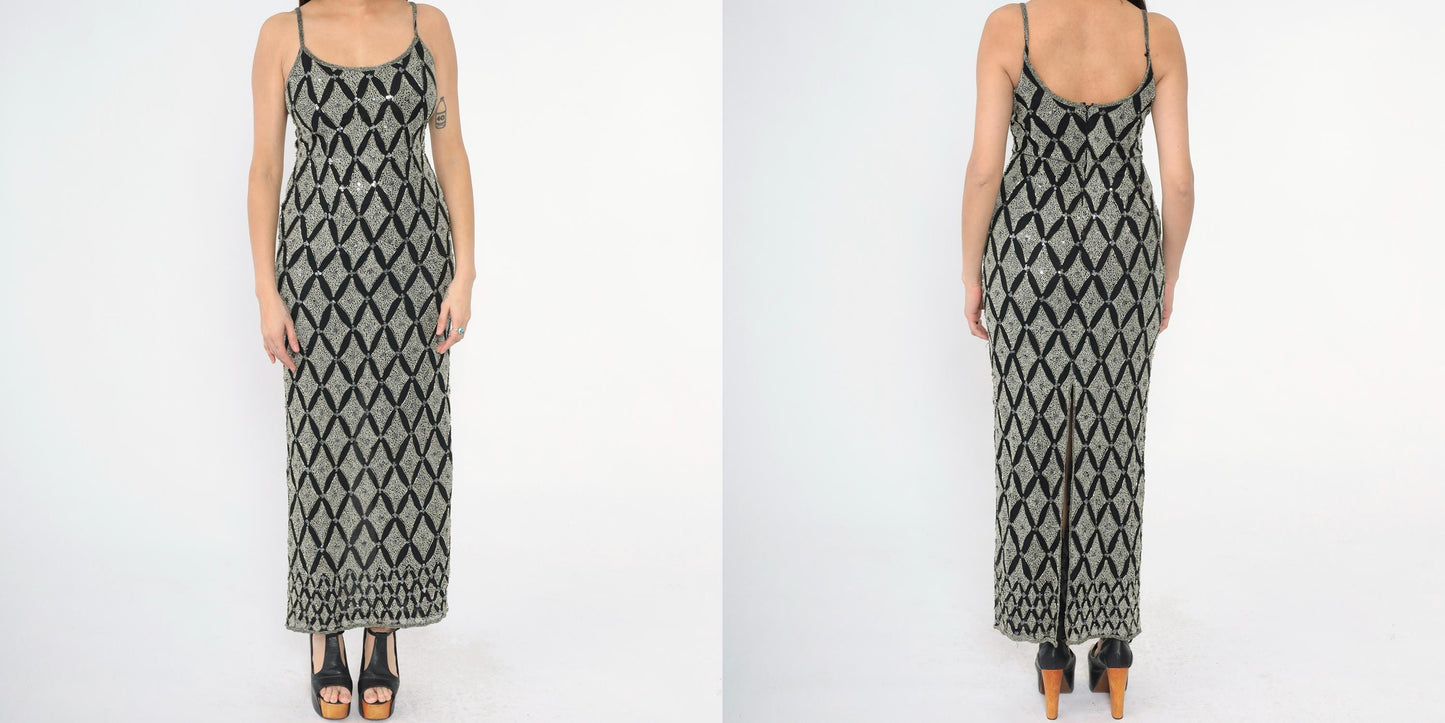 Y2K Adrianna Papell Silk Beaded Maxi Dress Black Silver Sequin Spaghetti Strap Small