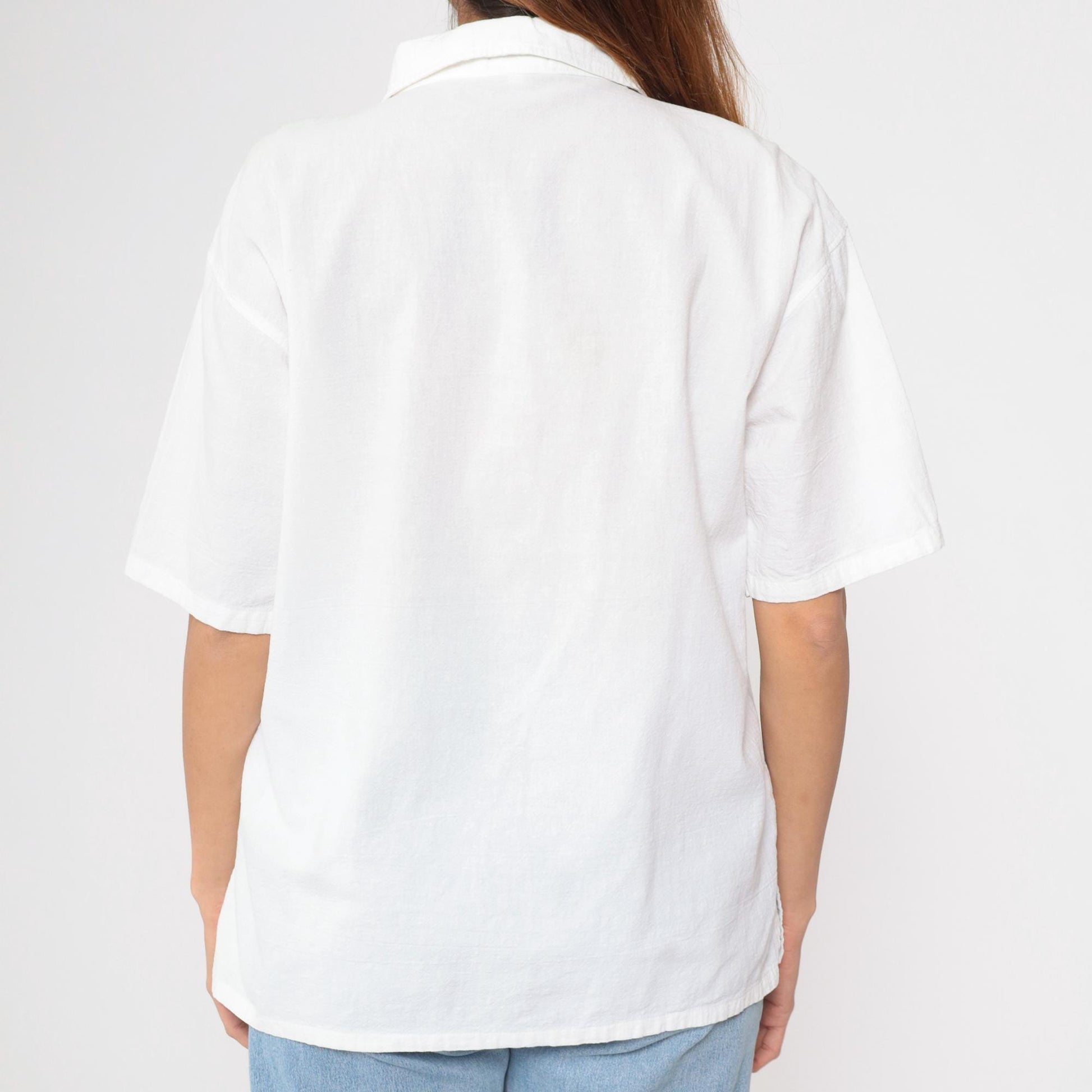 Y2K White Embroidered Tunic Split Neck Blouse Black Stitching Extra Large