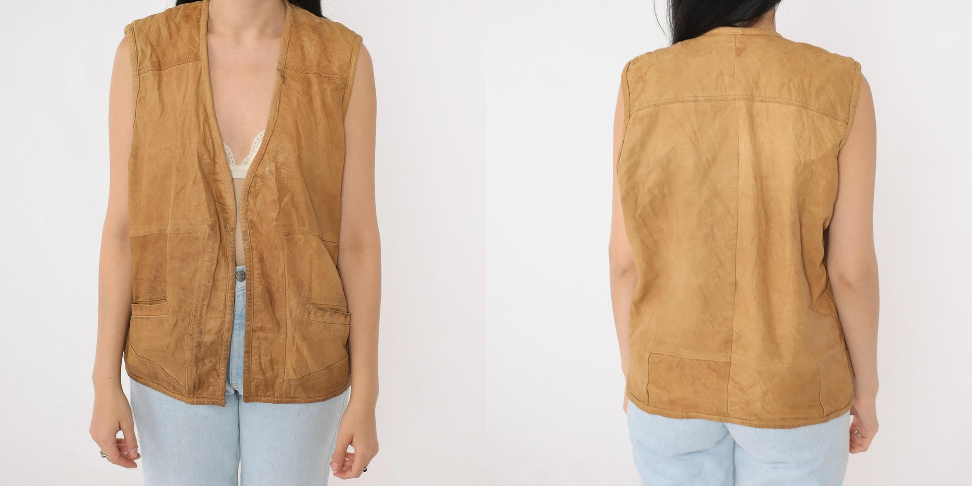 80s Petronio Tan Leather Vest Open Front Utility Large